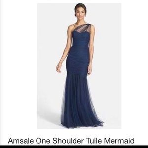 Amsale one shoulder bridesmaid dress navy blue